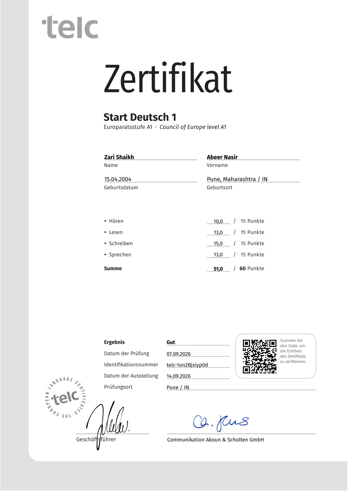Abeer Nasir telc Start Deutsch 1 A1 certificate