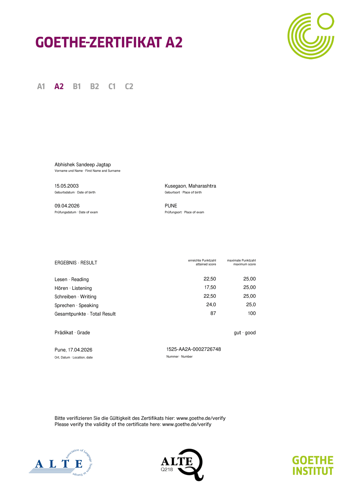 Abhishek Sandeep Jagtap Goethe-Zertifikat A2 certificate