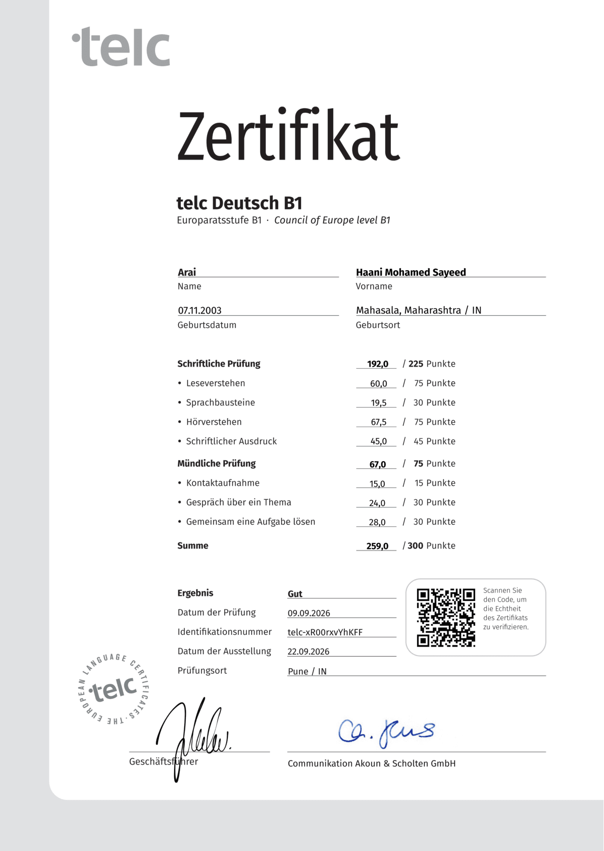 Haani Mohamed Sayeed telc Deutsch B1 certificate