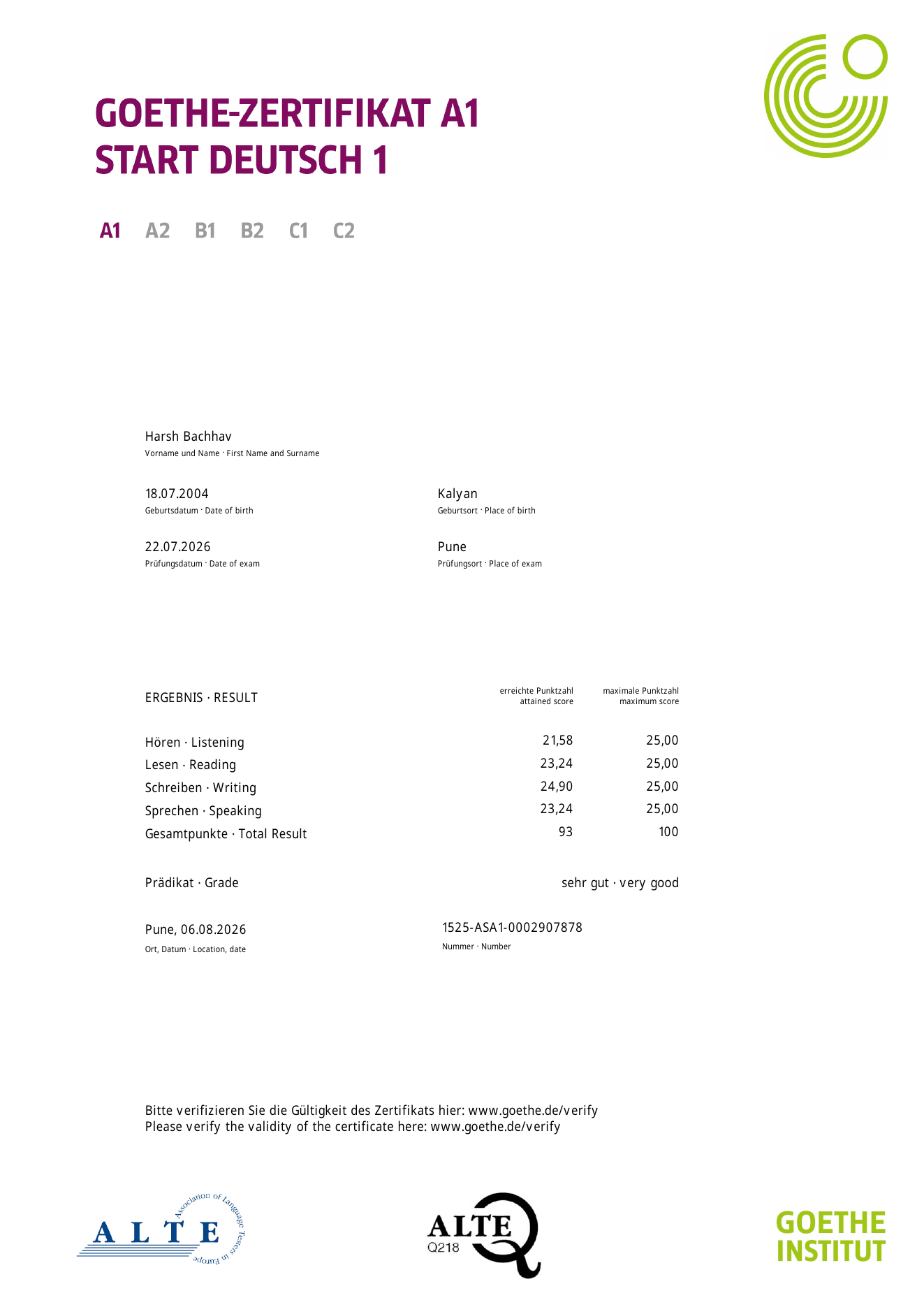 Harsh Bachhav Goethe-Zertifikat A1 certificate