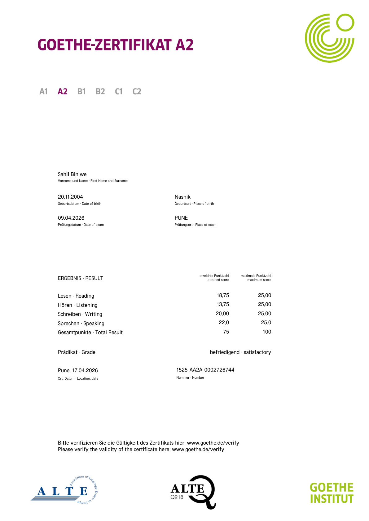 Sahil Binjwe Goethe-Zertifikat A2 certificate